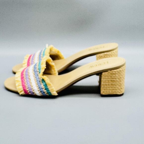 J Crew Sandals Womens 8.5 Beige Woven Slide Open Toe Block Heel Raffia Fringe - Picture 4 of 11